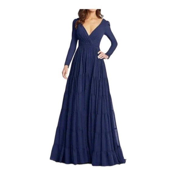 Mac Duggal Faux Wrap Illusion Long Sleeve Tiered Gown in Midnight NWT 55311 - Picture 3 of 10